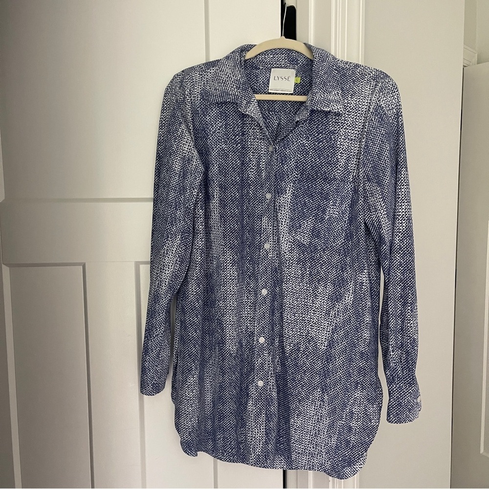 Lysse Schiffer Button Down Long‎ Sleeve Blue White Top